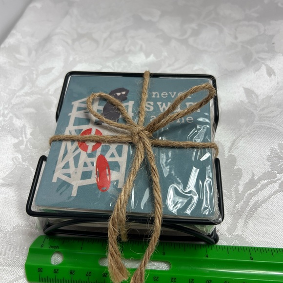 Stone Coaster Set w/ Metal Frame Never Swim Alone Dog Lifeguard Beach 50% offers - Picture 5 of 6